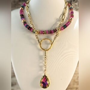 Pink & Green Tourmaline W/ Large Volcano Crystal Pendant in 2-Strand GP Necklace
